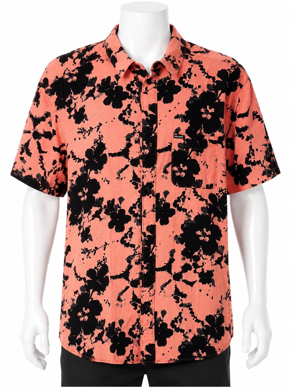 Volcom Men’s XXL Shirt Coral Black Floral Modern Fit Short Sleeve Button Up